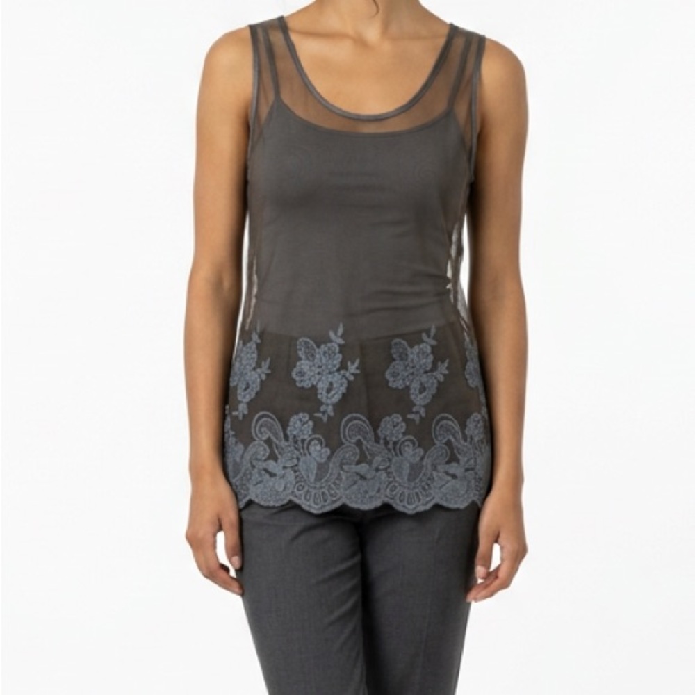BR Gray Sheer See Mesh Layering Top Floral Embroidery Soft Romantic Feminine S